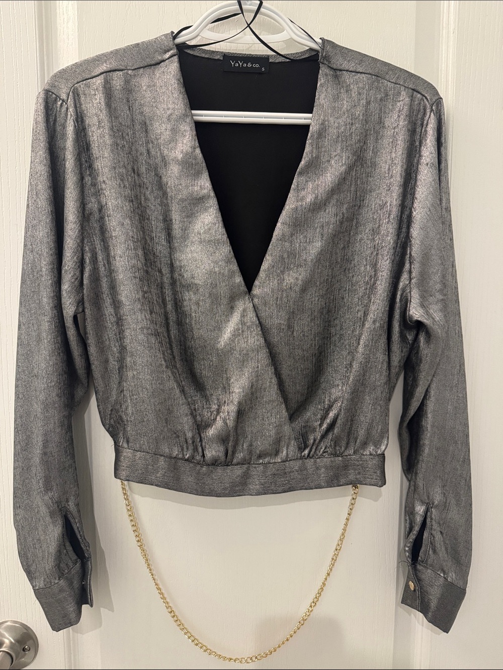 Metallic Silver Wrap Blouse with Chain Detail